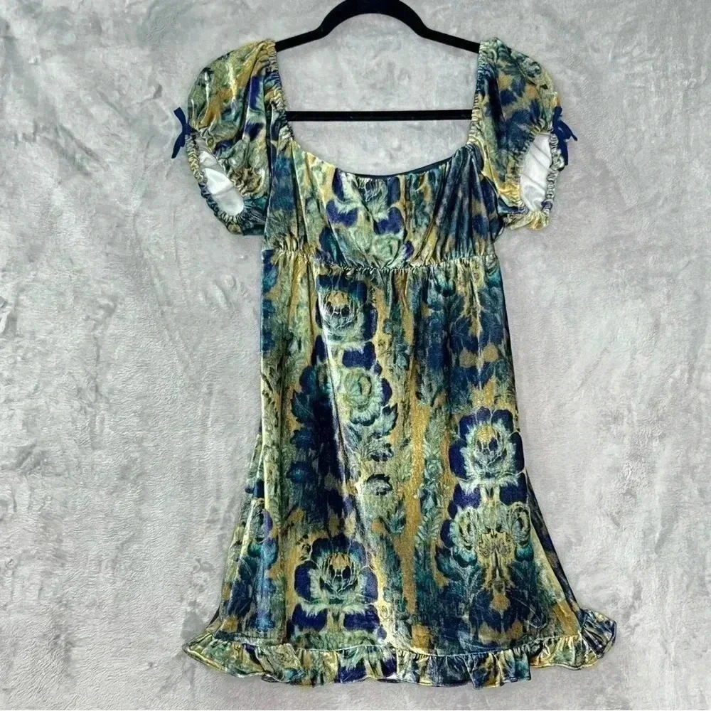 Urban Outfitters Claudette Velvet Babydoll Dress Ruffle Hem Sz XS Fairy Grunge - Picture 2 of 15
